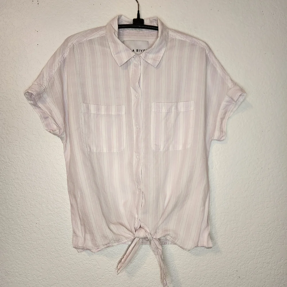 Lola River Striped Short Sleeve‎ Button-Up Shirt with Front Tie, Size S